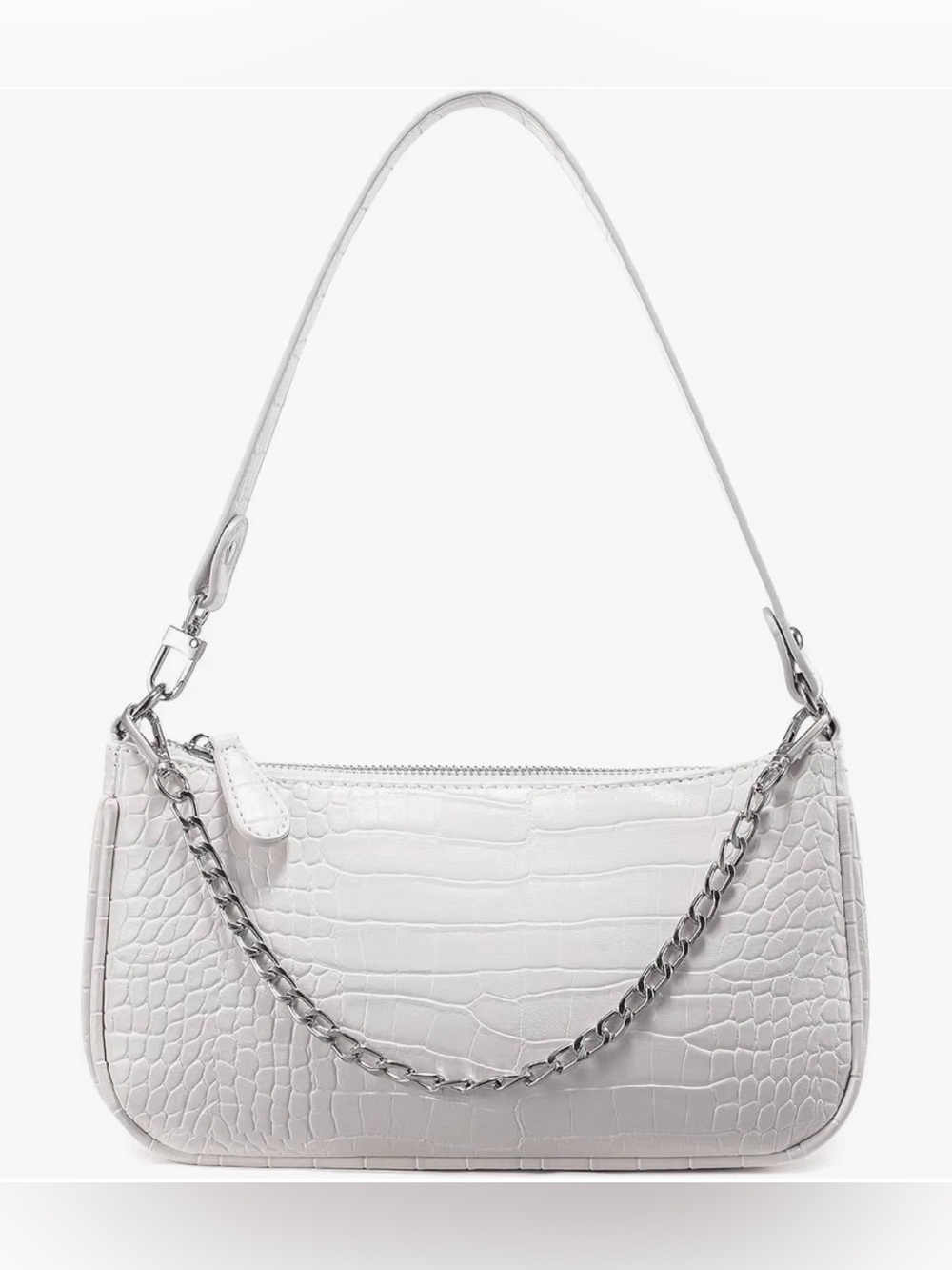 White Croc-Embossed Shoulder Bag with Chain Detail